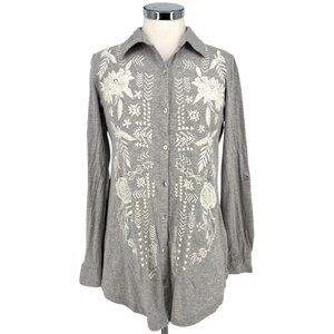 Soft Surroundings Lacey Embroidered Gray Button-Up Shirt Size Small